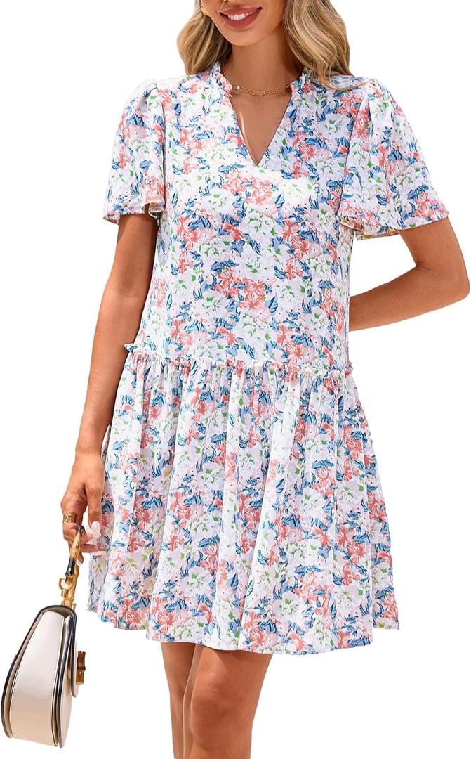 BTFBM Women Spring Dresses 2026 Short Sleeve V Neck Tiered Ruffle Boho Swing Dress A-Line Floral Mini Dresses (XXL)