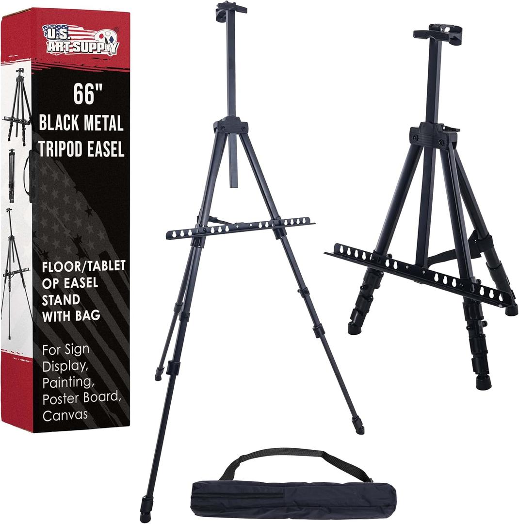 U.S. Art Supply 66" Black Metal Tripod Easel Display - Adjustable 20"- 5.5', Holds 32" Canvas - Floor/Tabletop Easel Stand, for Sign Display, Painting, Poster Board, Canvas - Portable Bag