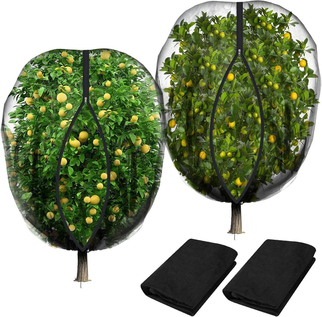2 Pcs Black Large Fruit Tree Netting with Zipper and Drawstring, 5.3 x 5.3 Ft Breathable Mesh Garden Bird Netting Plant Cover, Insect Bird Barrier Net Mesh for Protect Plants from Squirrel Bugs