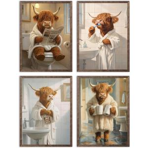 4 Pcs Highland Cow Funny Bathroom Wall Art Brown Cute Cow Animal Painting Picture Wall Decor Vintage Rustic Farmhouse Home Poster Print Artwork for Laundry Bathroom Restroom Home Decoration Unframed (16"L x 12"W)