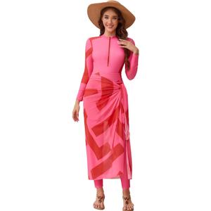 IDOPIP Muslim Burkini Swimsuit for Women's One Piece Swimsuit with Beach Skirt+Cover up Sarong+Pants 4PCS Bathing Suit (X-Large, Pink)