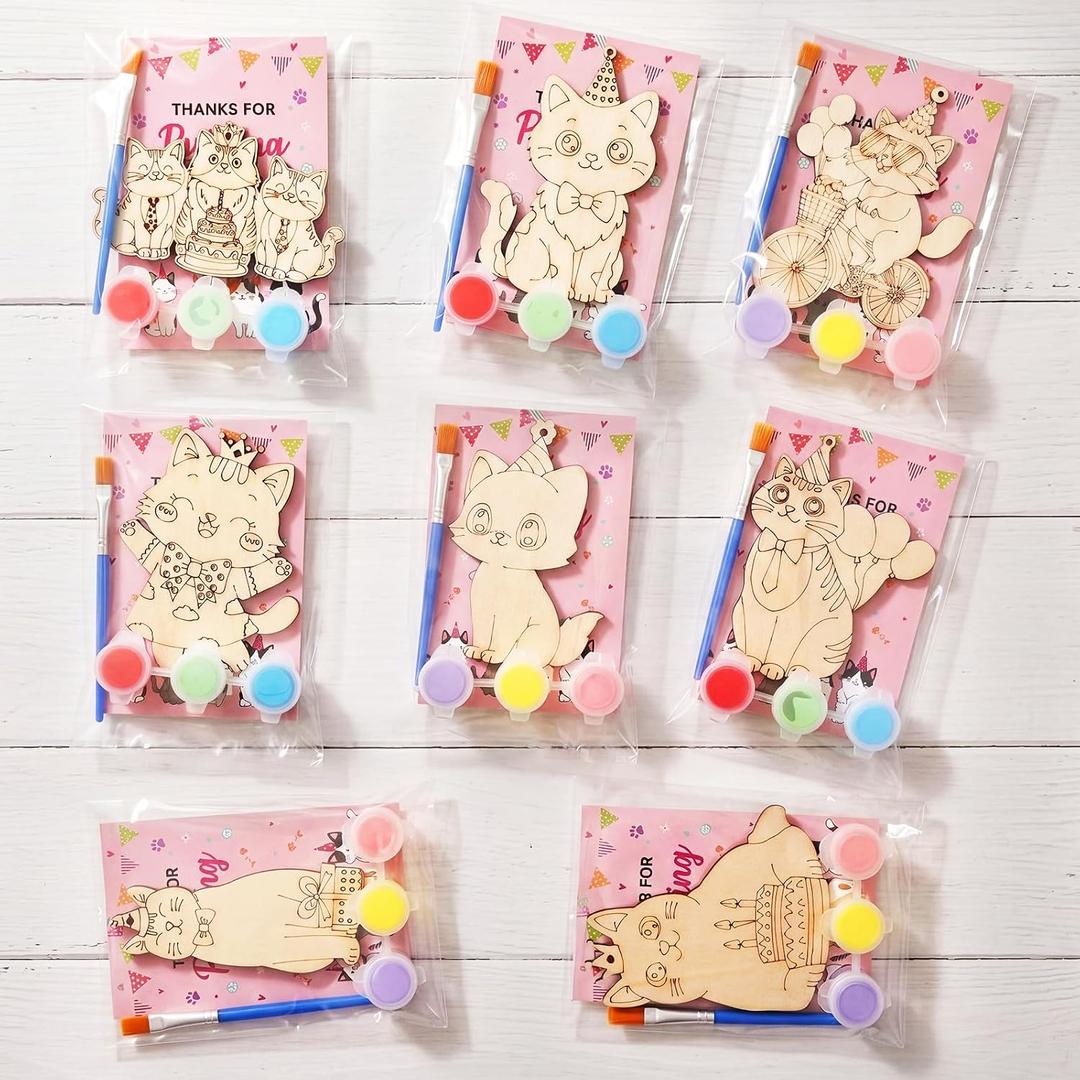 Saypacck 24 Pcs Cat Party Favors Wooden Painting Craft Kits Birthday Party Supplies with Organza Bag for Goodie Bags Fillers Adult Thank You Gifts