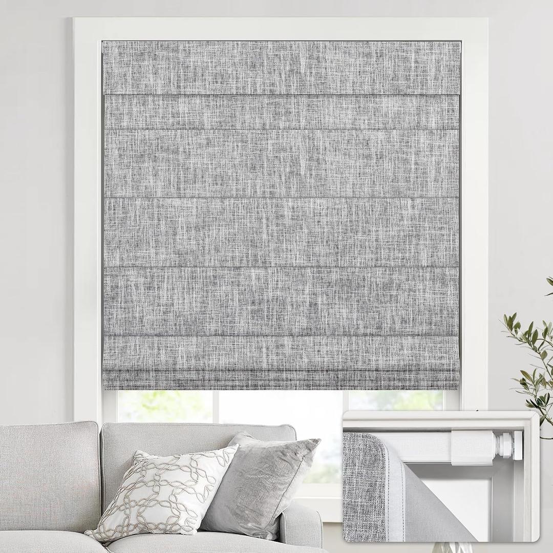 UNISHADES no Drill Cordless Roman Shades for Windows, 31" W × 64" H - 100% Blackout - Linen - Grey