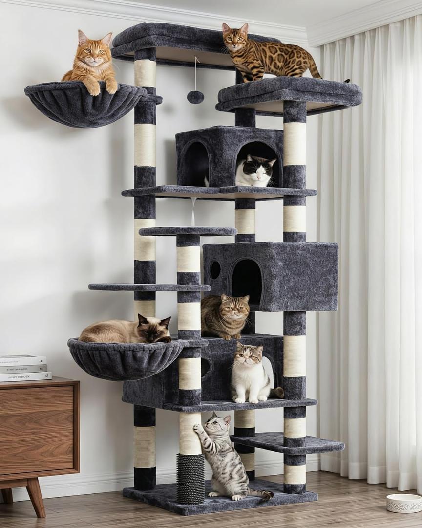 Hey-brother Cat Tree, 74 inches Multi-Level XL Large Cat Tower for Indoor Cats with Three Cat Condos, Two Large Top Decks and Cat Hairbrushfor Kittens, Cats and Pets, Smoky Gray MPJ035-MG