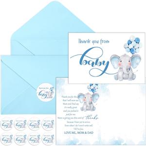 Zhanmai 50 Sets Baby Shower Thank You Gift Cards 50 Elephant Themed Baby Shower Thank You Notes with 50 Envelopes and 50 Stickers for Boys Girls Gender Reveal Party(Blue)