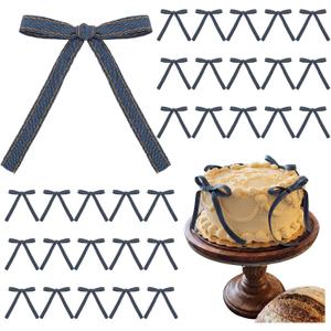 30 Pack Denim Bow Cake Decorations Jean Bow Birthday Cake Toppers with Silver Twist Ties Western Rustic Decorations for Birthday Baby Shower Wedding Country Party Supplies