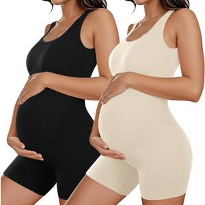 Coume 2 Pcs Women Maternity Bodysuit Pregnancy Shapewear Sleeveless Tank Top Shorts Jumpsuit Ribbed Maternity Workout Romper