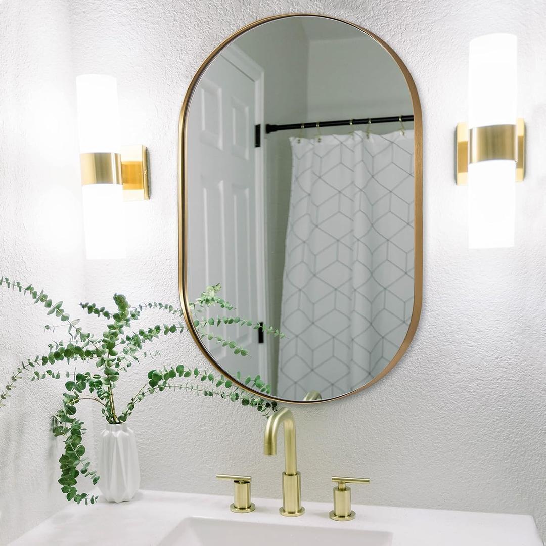 ANDY STAR Gold Oval Mirror, 24x36 Brass Mirror for Wall, Oval Mirrors for Bathroom in Stainless Steel Metal 1 Thin Frame Pill Shaped Hangs Vertical or Horizontal Ideal for Limited Space