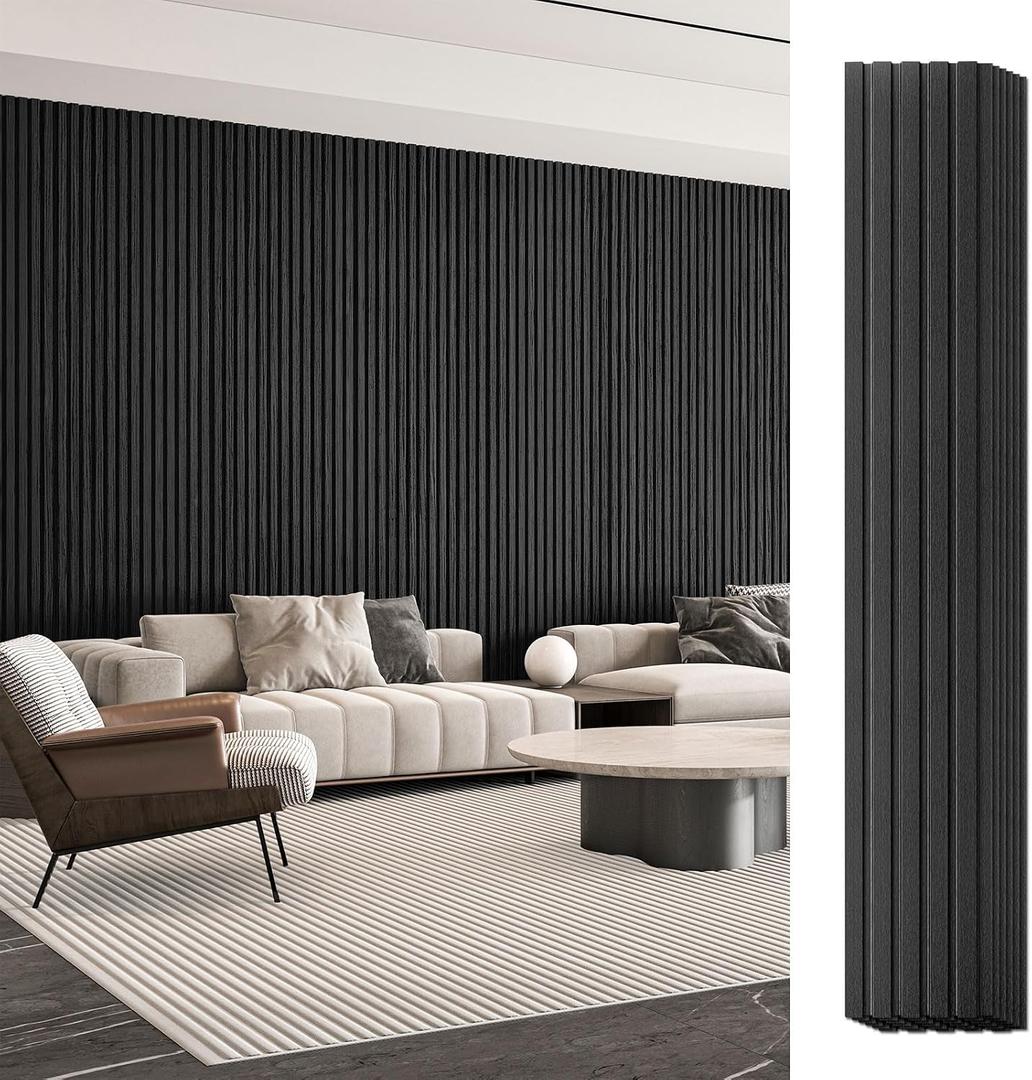 Art3d 6-Piece Wood Slat Panels for Stylish Interior Decor and Ceiling Decoration, MDF 3D Textured Panel for Ceiling and Wall,Size 94.6 x 7.4 in-Matte Black