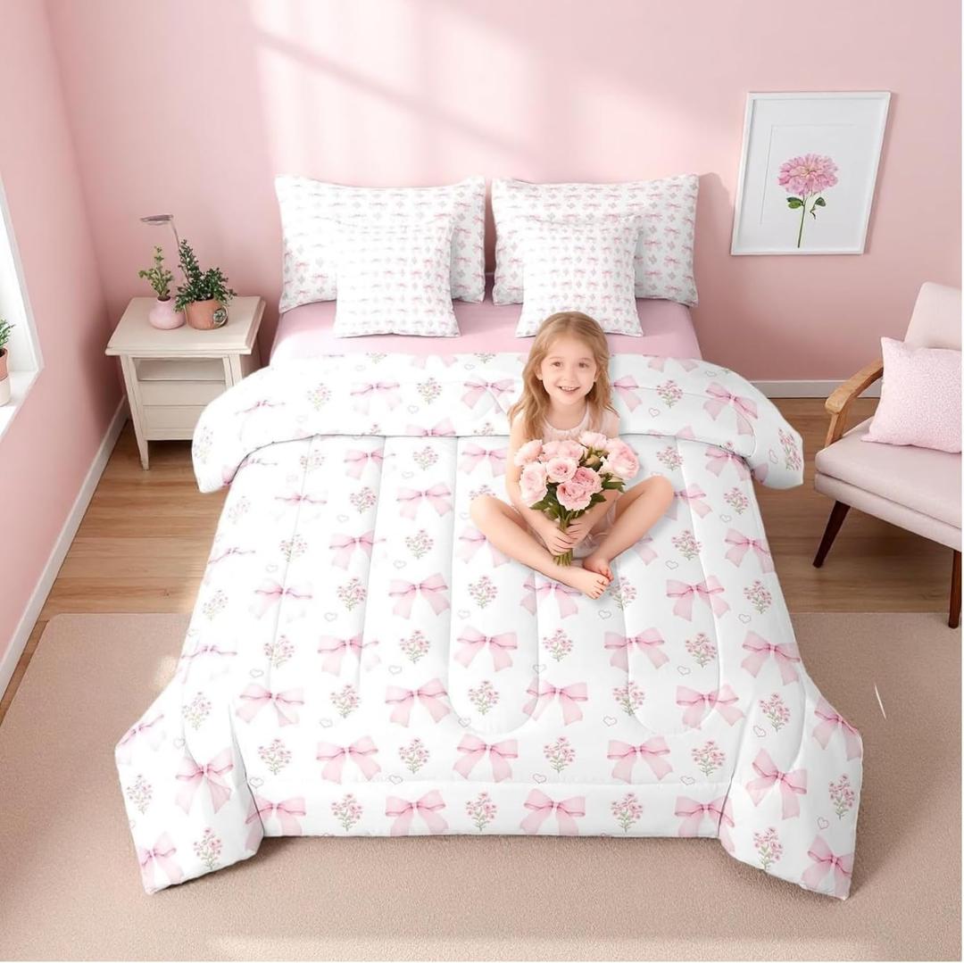 Erosebridal 7 Piece Bow Pink Comforter Set Queen Bed in a Bag for Girls Kids,Girly Pink Floral Coquette Bedding Sets Cute Bowknot Ribbon Heart Quilt Dreamy Princess Style Bow Sheets with Comforter
