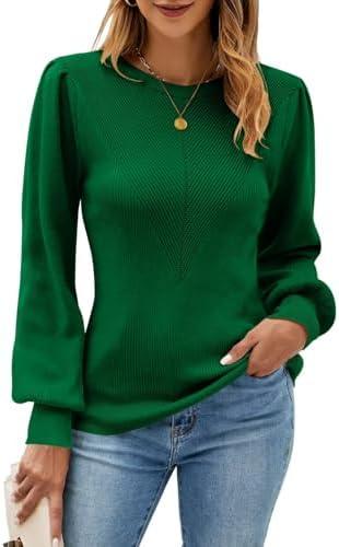 QACOHU Womens Fall Long Sleeve Ribbed Knit Sweater Crewneck Casual Slim Fit Pullover Jumper Tops Size XL, Green