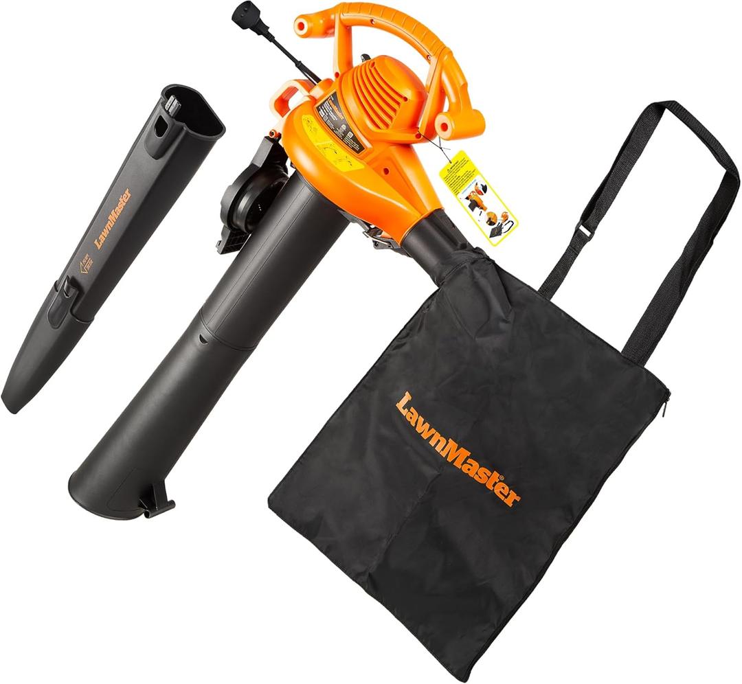 LawnMaster BV1210 Electric Blower Vacuum Mulcher 12 Amp 2-Speed Adjustment with Metal Impeller 240 MPH 380 CFM 16:1 Mulch Ratio with Collection Bag