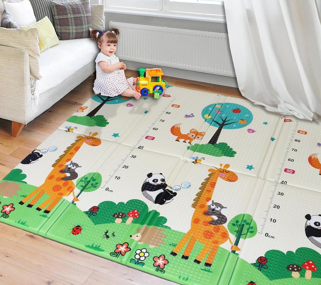 Baby Play Mat-0.6 Inches Thick Soft & Safe XPE Foam Mat Non-Toxic Non-Slip Waterproof for Indoor & Outdoor Use Thick Floor Crawling Mat Foldable & Reversible with Travel Bag (59x70.8x0.6 inches)