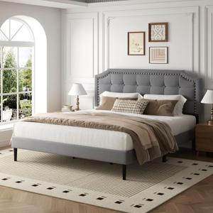 King Size Bed Frame, King Size Platform Bed Frame with Upholstered Button Tufted Headboard, Strong Wood Slats, No Box Spring Needed, Mattress Foundation, Easy Assembly Grey