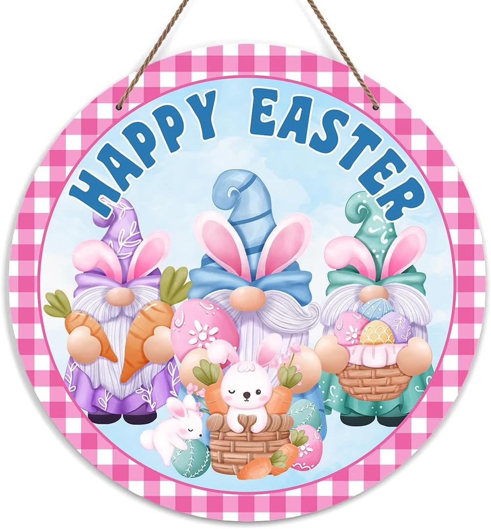 Happy Easter Welcome Door Sign, Bunny Decor Wooden Sign Round Decorative Wall Plaque, Easter Gnomes Welcome Sign for Front Door, Farmhouse Porch Yard Hanging Sign Outdoor Decorations -18