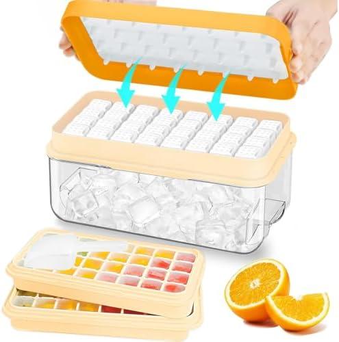 Ice Cube Tray with Lid and Bin, 64 pcs Ice Tray Kit with Ice Scoop, Ice Cube Pop Out Tray, Ice Cube Trays for Freezer, Ice Cube Molds, BPA Free, Easy Release Stackble Spill-Resistant ZZWILLB (Orange)