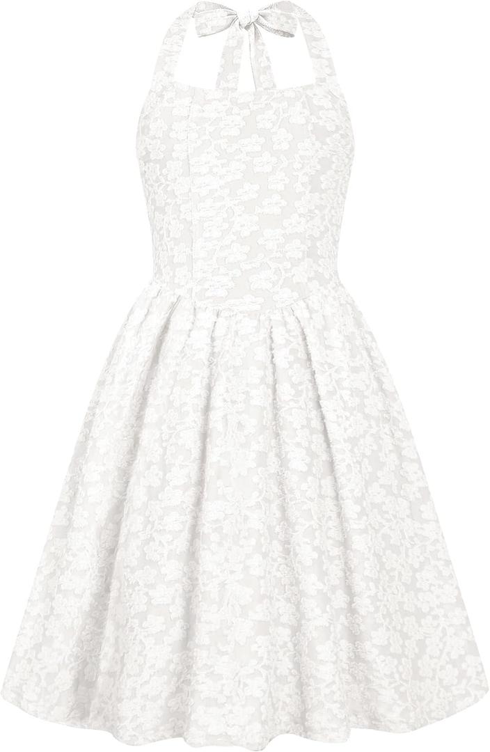HOZIY Girls Dresses Floral Halter Tie Back Short Dress Juniors Summer A-Line Flowy Backless Sundress (White, 8Y)