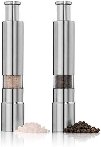 Salt and Pepper Grinder Set of 2, Stainless Steel Push Button Grinder Modern Design Thumb Grinder, for Black Pepper, Sea Salt and Himalayan Salt, Spice and Salt