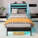 J.Fkne Twin Bed Frame with LED Lights & Charging Station, Metal Platform Bed with Headboard, Heavy Duty Metal Slats, No Box Spring Needed, Noise Free, Easy Assembly