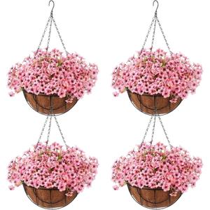 Beeveer Artificial Spring Hanging Flowers in Basket for Home Decoration Faux Orchid Arrangement Porch Plants Coconut Lining Basket for Autumn Courtyard Decor(Pink, 4 Pack)