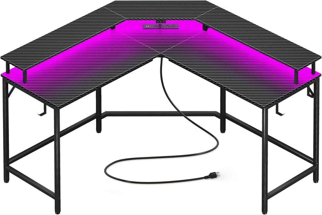 Huuger L Shaped Gaming Desk with Power Outlets & LED Lights, Computer Desk with Monitor Shelves, Carbon Fiber Surface, Home Office Desk, Corner Gaming Desk with Hooks, Carbon Fiber Black