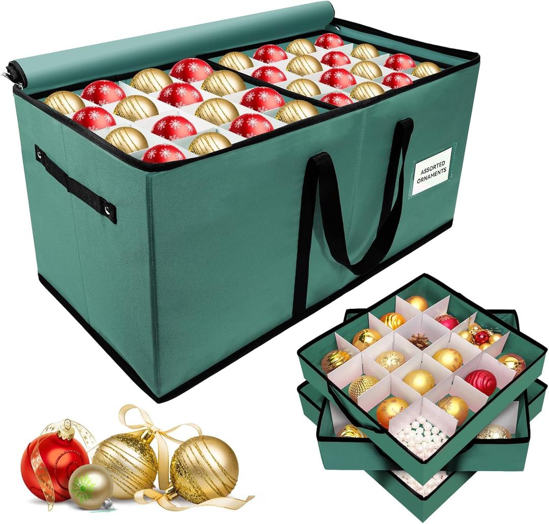 Christmas Ornament Storage Box, Ornament Storage Container with 8 Trays, Xmas Decoration Organizer Holds Up to 128 Decoration Balls, Durable 600D Oxford Material Green