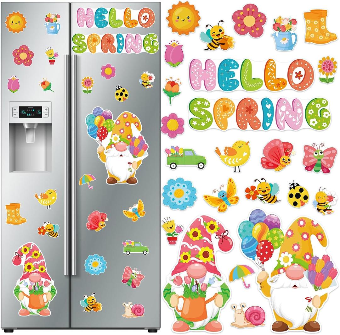 25Pcs Hello Spring Magnet Car Decorations Hello Spring Refrigerator Magnets Colorful Flowers Butterfly Gnome Magnet Stickers for Garage Door Holiday Home Decor