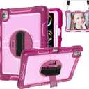 Case for iPad Pro 13 Inch 2024 M4 (7th Generation) Kids,Rugged Heavy Duty Shockproof Protective with 360Rotating Stand,Pencil Holder,Hand/Shoulder Strap Cover for Girls,Women,Rosy Red+Pink