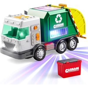 LED Garbage Truck Toy Set Includes Dumpster, Toy Truck with Mode Switch & Volume Control, Trash Vehicle with Lights and Sounds, Automatic Bump & Go Car