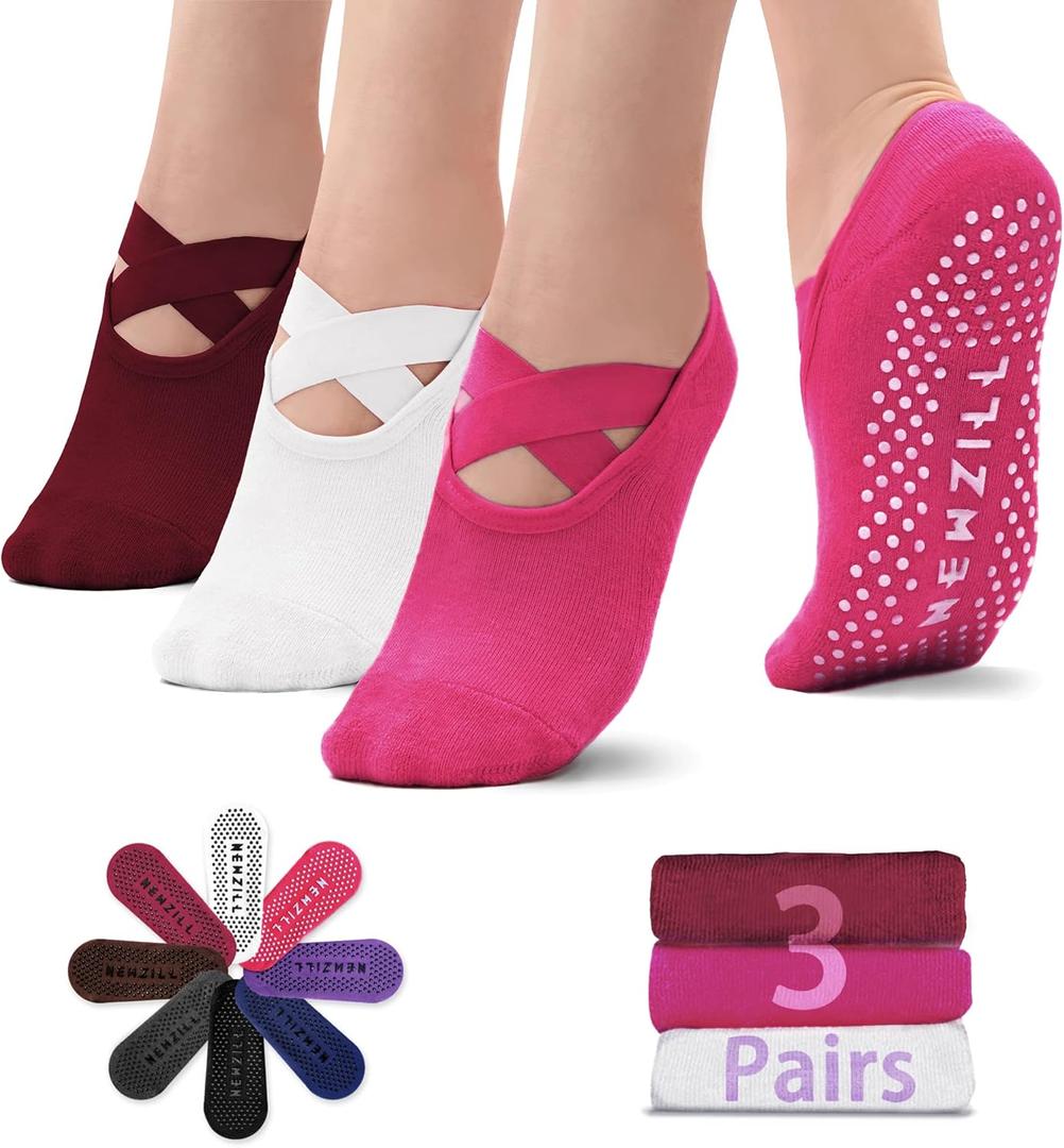 NEWZILL Non Slip Yoga Socks for Women, Grips Socks with Cushion for Pilates Barre Ballet Dance Hospital (3 Pairs) (One Size, 3 Pairs-white/Red/Pink)
