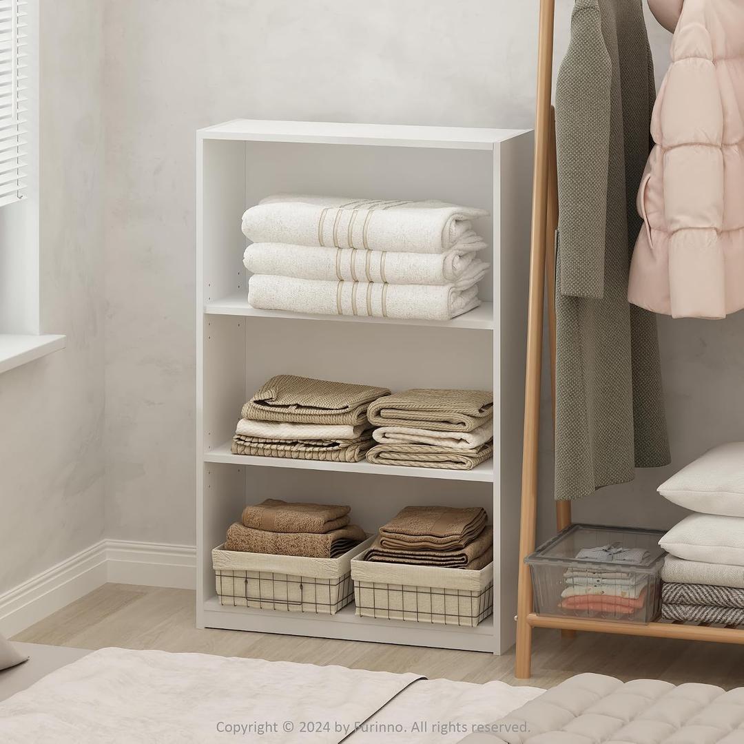 Furinno Reed Closet Organizers and Storage, 3-Tier Closet Organizer, Open Shelf Closet Storage, for Wardrobe, Bedroom, Living Room, White, 3-Tier Adjustable