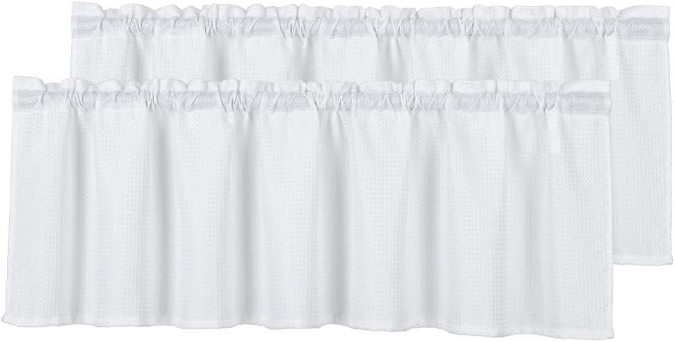 Home Queen Waffle Curtain Valances Window Treatment for Kitchen Bathroom Window, Water Repellent Straight Window Valance, Set of 2, 60 X 16 Inch, White
