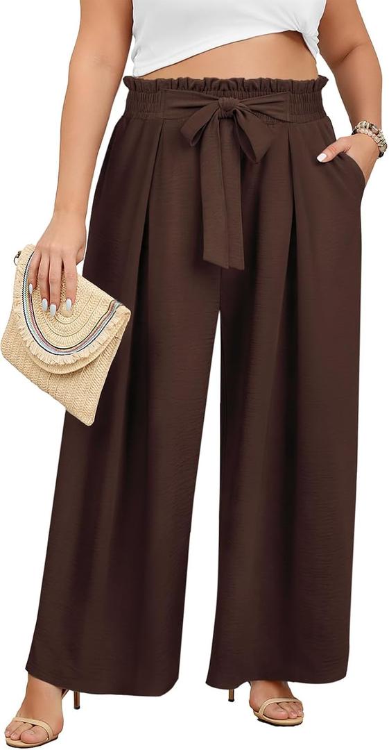 Lastshe Women's Plus Size Pants Wide Leg Work Casual Palazzo Pants Elastic High Waisted Dressy Trousers with Pockets, 2X