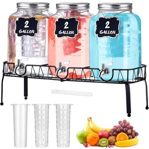 Lallisa 3 Pcs 2 Gallon Glass Drink Dispenser with Stand and Lid Mason Jar Beverage Dispenser with Stainless Steel Spigot, Hanging Chalkboard Signs, Fruit Infuse, Ice Cylinder, Liquid Pen (Silver)