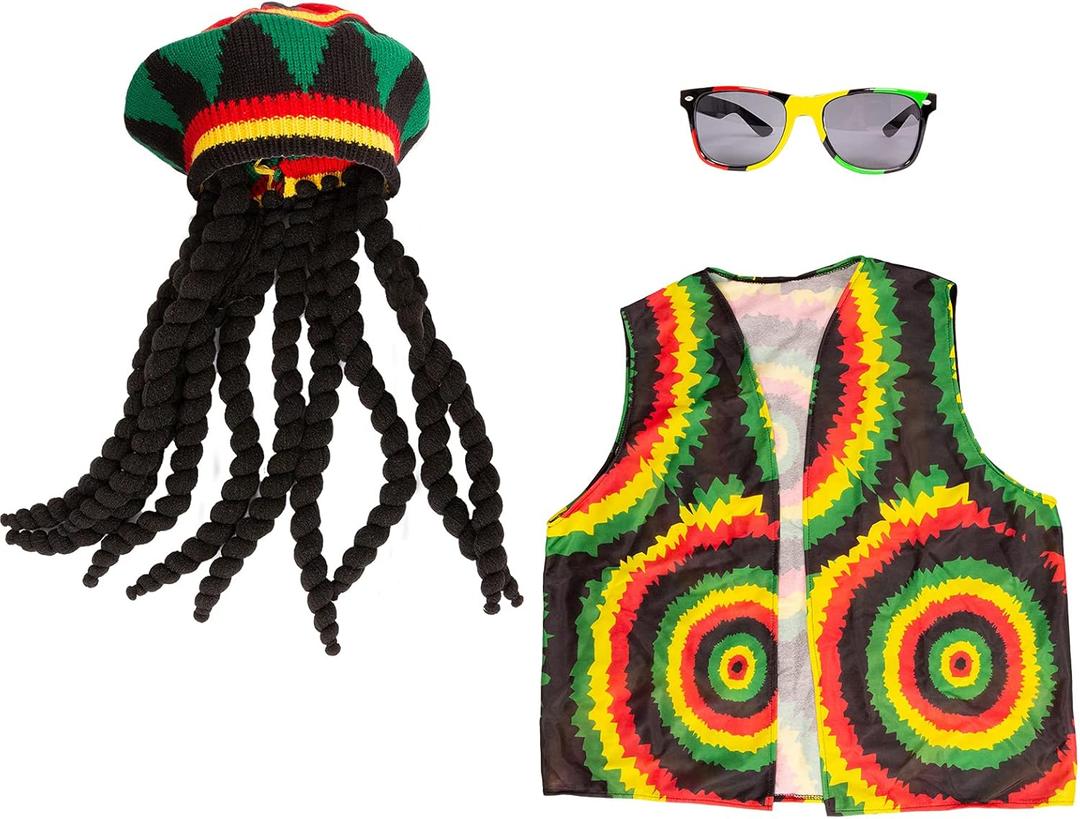 Tigerdoe Rasta Hat with Black Dreadlock Wig - 3 Pc Set - Reggae Hat, Vest & Sunglasses - Jamaican Costume Accessories