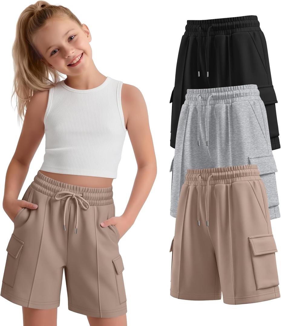 3 Pack Girls' Bermuda Cargo Shorts with 4 Pockets Knee Length Drawstring Wide Leg Casual Sweat Shorts (7-8 Years, Khaki, Light Heather Gray, Black)