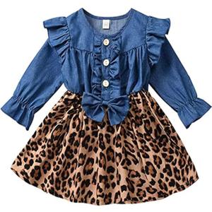 Toddler Baby Girl Denim Bowknot Dress Ruffled Button Dresses Outfit (6-12 Months, Blue & Leopard)