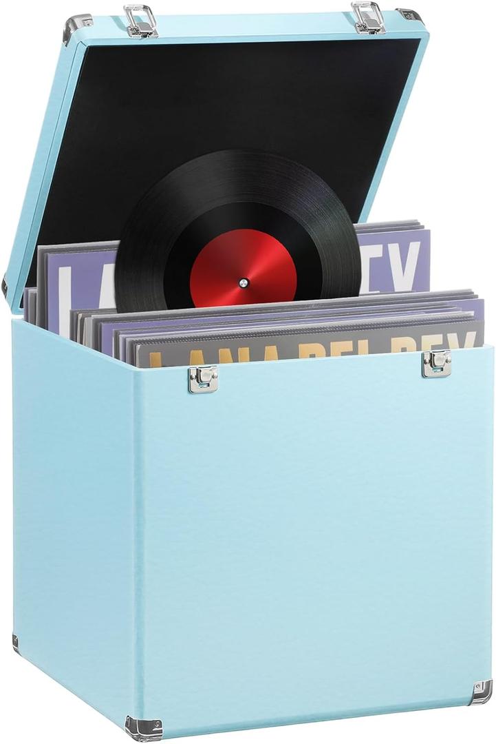 Large Vinyl Record Storage Case, 13 x 13 x 13 Inch for 100+ Single Records, Retro Lp Album Collection Display Box, PU Leather Water Resistant for 7/10/12 Inch Album Collection(Mint Blue)
