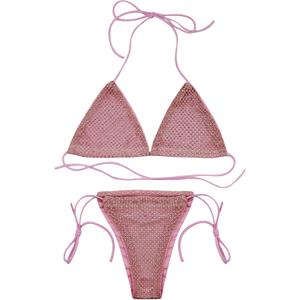 Women 2 Piece Shiny Diamond Crystal Bathing Suit Bikini Sexy Push Up Swimwear for Party Rave Clubwear (Small, Thong Bikini Pink)