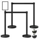 4-Pack Black Stainless Steel Crowd Control Stanchions, 9.8 ft Retractable Black Safety Belts with 1 Sign Holder(Black Belt)