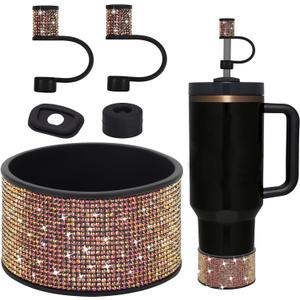 Rhinestone Stanley Cup Accessories Set, Diamond Glitter Silicone Boot for Stanley Accessories 40oz (Fit 30 oz, Black Gold)