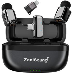 ZealSound Mini Wireless Lavalier Microphone for iPhone iPad Android, Dual Channel Wireless Microphones with Noise Cancellation, Mute & Volume Control, 33H Battery Case, USB-C & Lightning Plug & Play