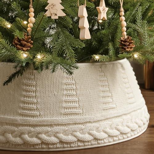 Knitted Christmas Tree Collar: Cream Chunky Cable Knit Christmas Tree Collar for Artificial Trees, Size Adjustable Rustic Farmhouse Tree Ring Skirt for Merry Christmas Holiday Home Decor Party Gifts