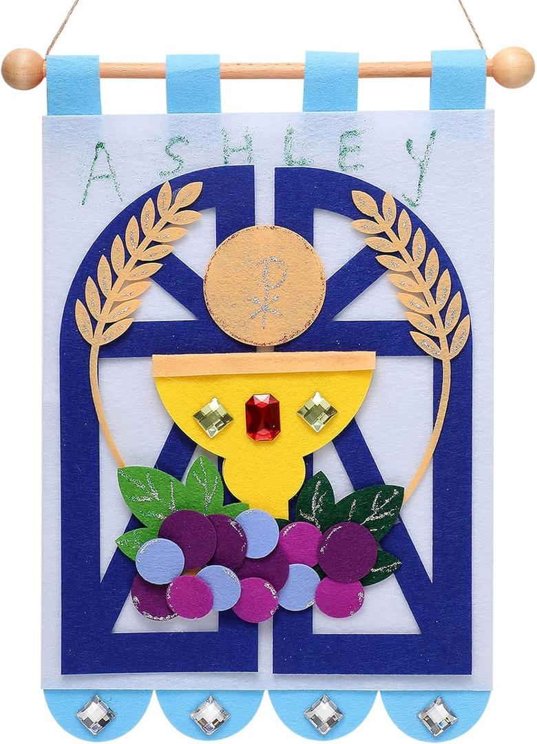 Mindsoft First Communion Banner Kit 9 x 12 Inches Catholic Craft Pack Banner Decorating Kit with Felt Pieces Glitter Pens Glue Gems DIY Sunday Church Activity for Baptism Party Decoration(Blue)