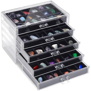Misdary 90 Grid Rock Collection Box Clear Acrylic Display Case for Kids 5 Drawers Velvet Insert Rock Storage Box for Collectibles Crystal Display Shadow(Black)