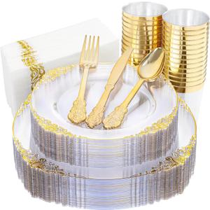 Nervure 175PCS Clear Gold Plastic Plates - Gold Disposable Dinnerware Set for 25 Guests Include 50 Disposable Plates, 75 Plastic Silverware, 25 Cups, 25 Napkins for Wedding & Party