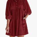 Opemiby Womens Casual Dresses Corduroy Button Up Empire Waist 3/4 Sleeve Fall Winter Mini Babydoll Dress, Large