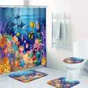Britimes 4 Piece Shower Curtain Sets, Blue Ocean Fish with Non-Slip Rugs, Toilet Lid Cover and Bath Mat, for Bathroom Decor Set, 72" x 72"
