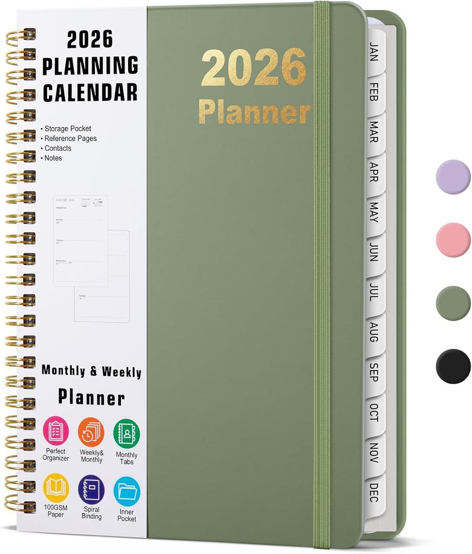 Timart 2026 Planner, Weekly and Monthly Planner, January 2026 - December 2026 Agenda Book, Hardcover 2026 Calendar Planner Book with Tabs, Inner Pocket For Women & Men, Perfect for Office School Home Supplies, A5 (6.3" x 8.5")-Green