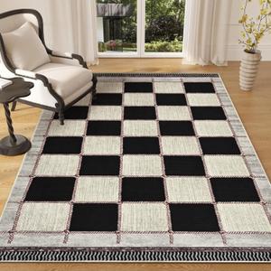 Yinhua Checkered Area Rug 3x5 Rugs for Entryway, Farmhouse Washable Living Room Rug Non Slip Throw Rugs for Bedroom, Soft Faux Wool Distressed Retro Carpet for Beside Kitchen Dorm Bathroom, Black (Black and White)